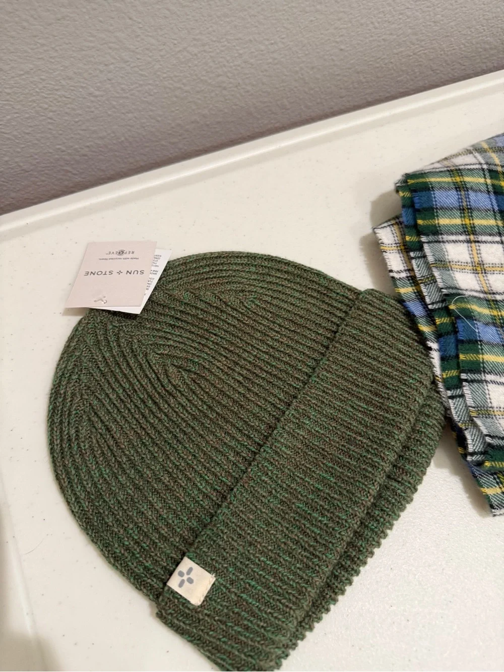 New Sun + Stone Olive Green Knit Beanie with Blue, White & Green Plaid Scarf